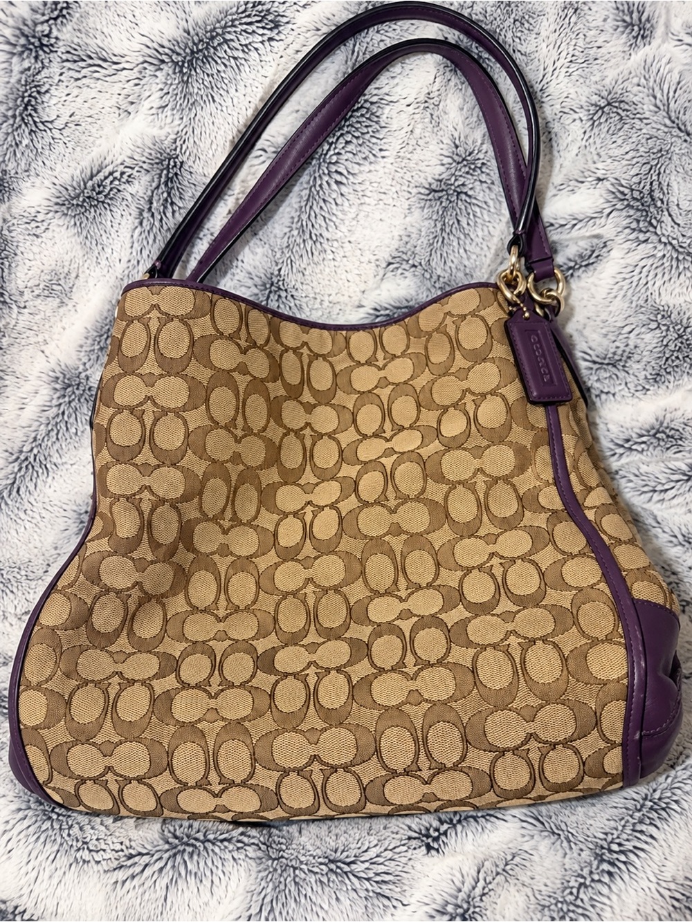 Coach Tan Signature Canvas Shoulder Bag with Purple Leather Trim